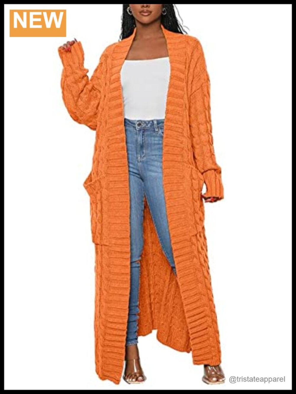 Women Long Open Front Cable Knit Cardigan Sweater Coat with Pockets